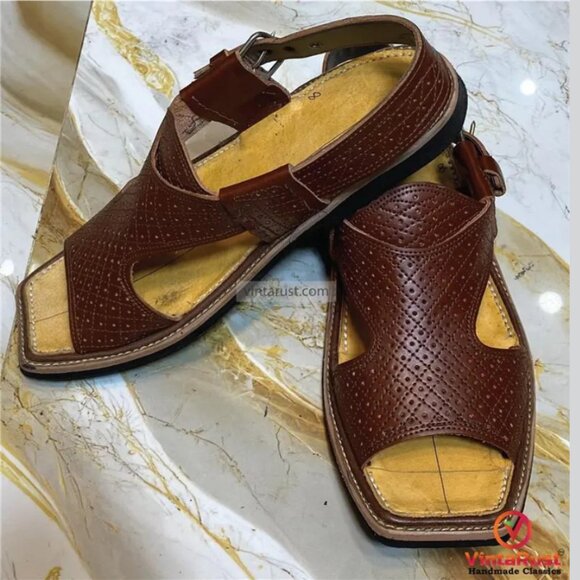 Traditional Handmade Peshawari Chappal: Brown Leather Ethnic Shoes - Picture 7 of 7